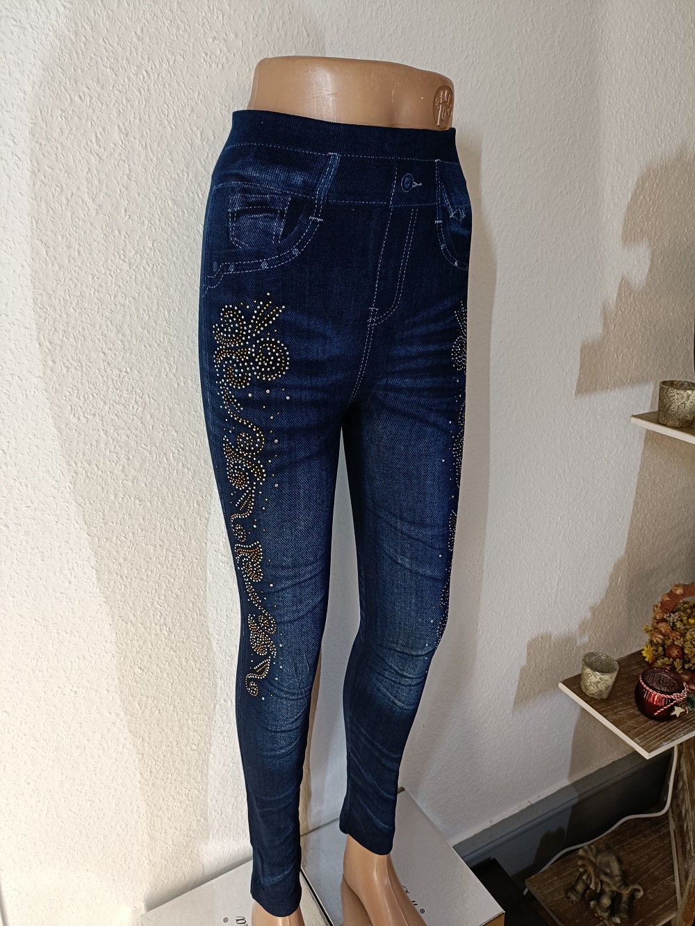 Damen Glitzer Muster Jeans Optik Blau